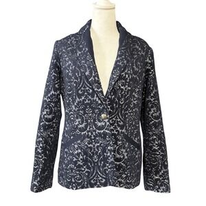 Cabi Blazer Womens 4 Navy Blue Jacquard Wool Blend‎ One Button Damask Jacket
